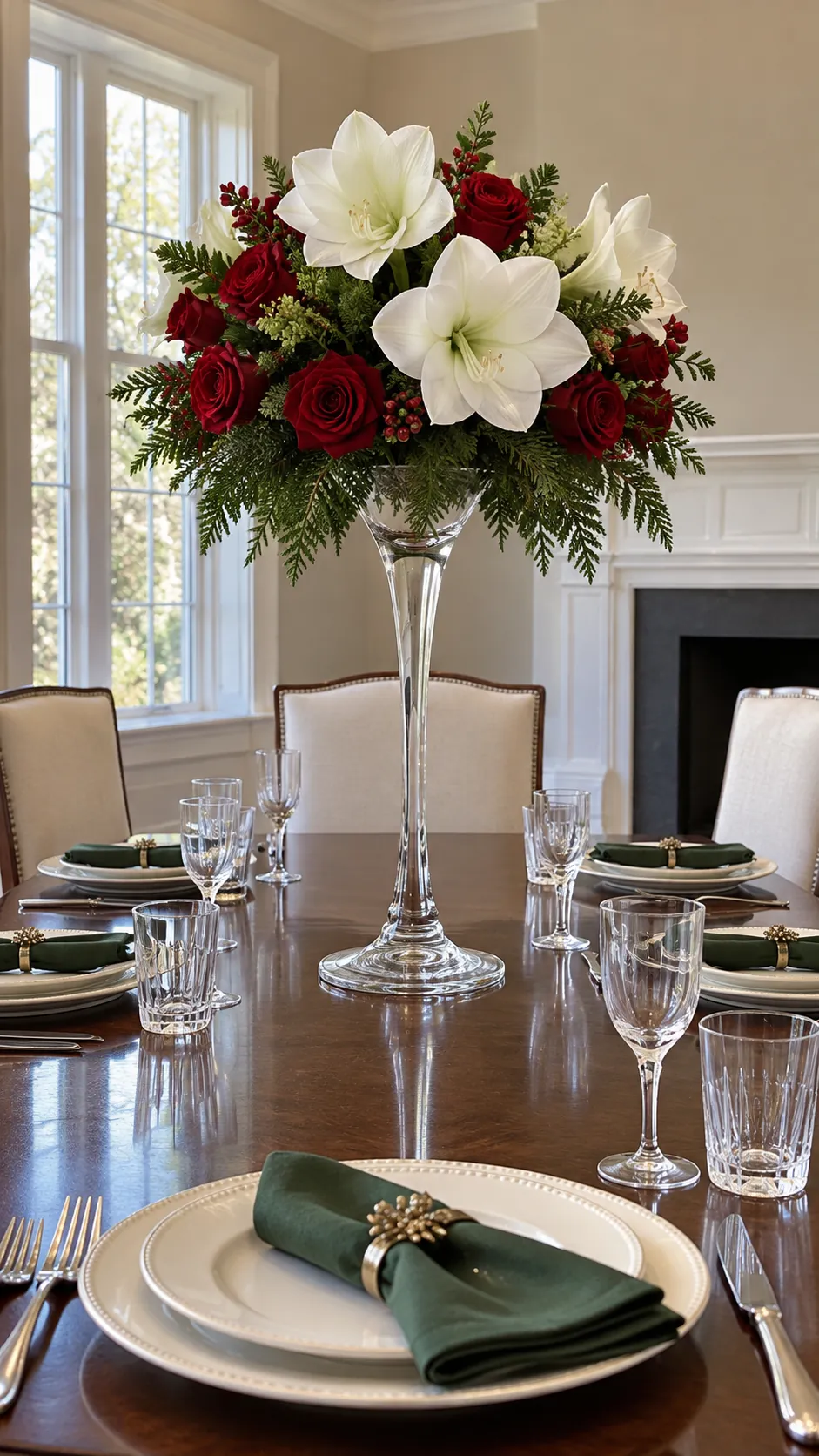 An elevated floral arrangement for a formal dinner for a Christmas gathering