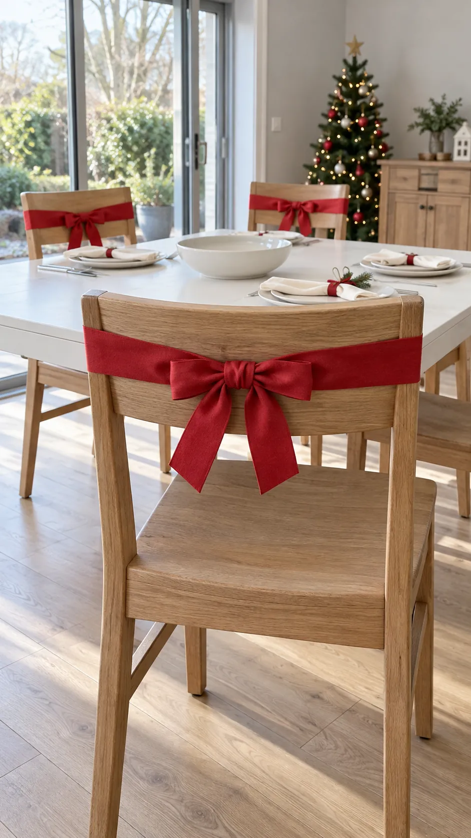 Chair bows that free the tabletop for a Christmas gathering