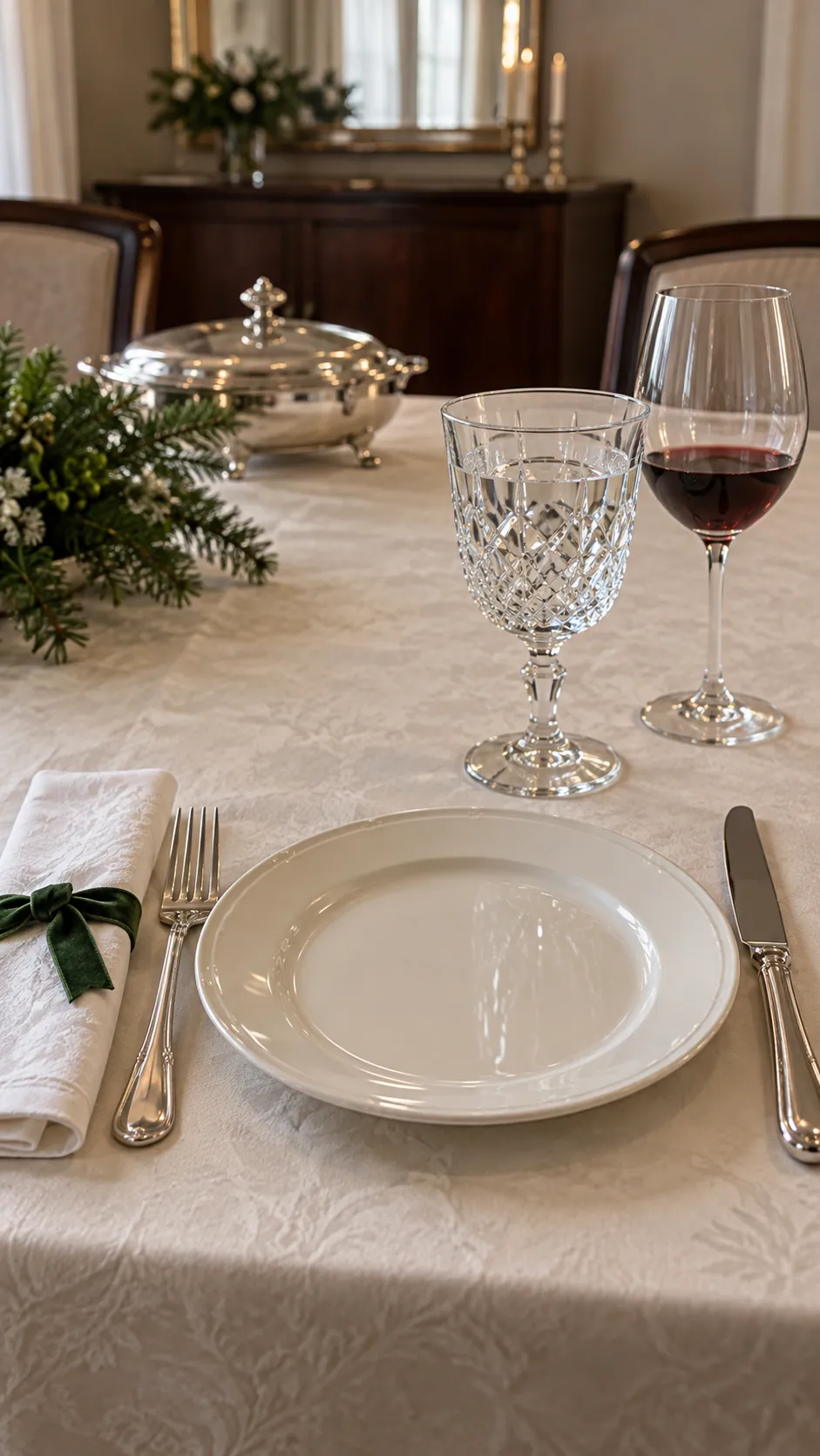 Crystal glasses with a simplified formal setting for a Christmas gathering