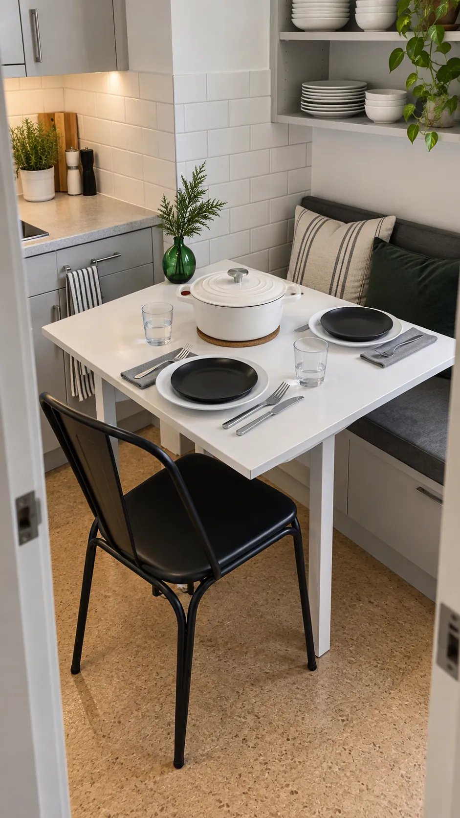 Black and white dishes for a kitchen nook for a Christmas gathering