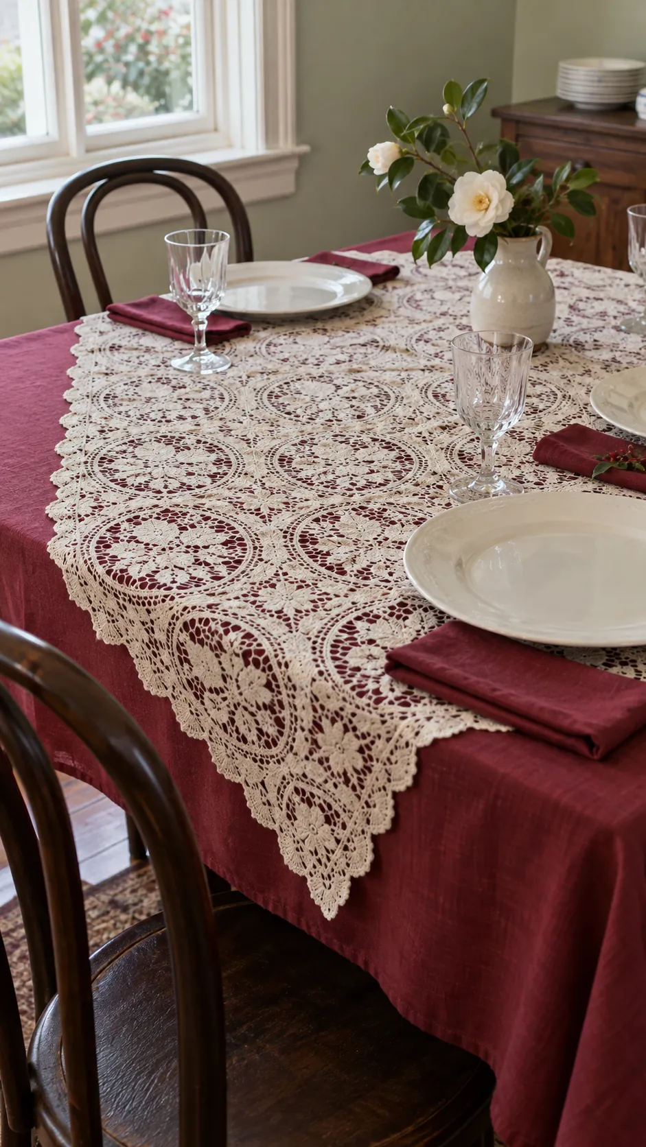 Lace layered over a washable base cloth for a Christmas gathering