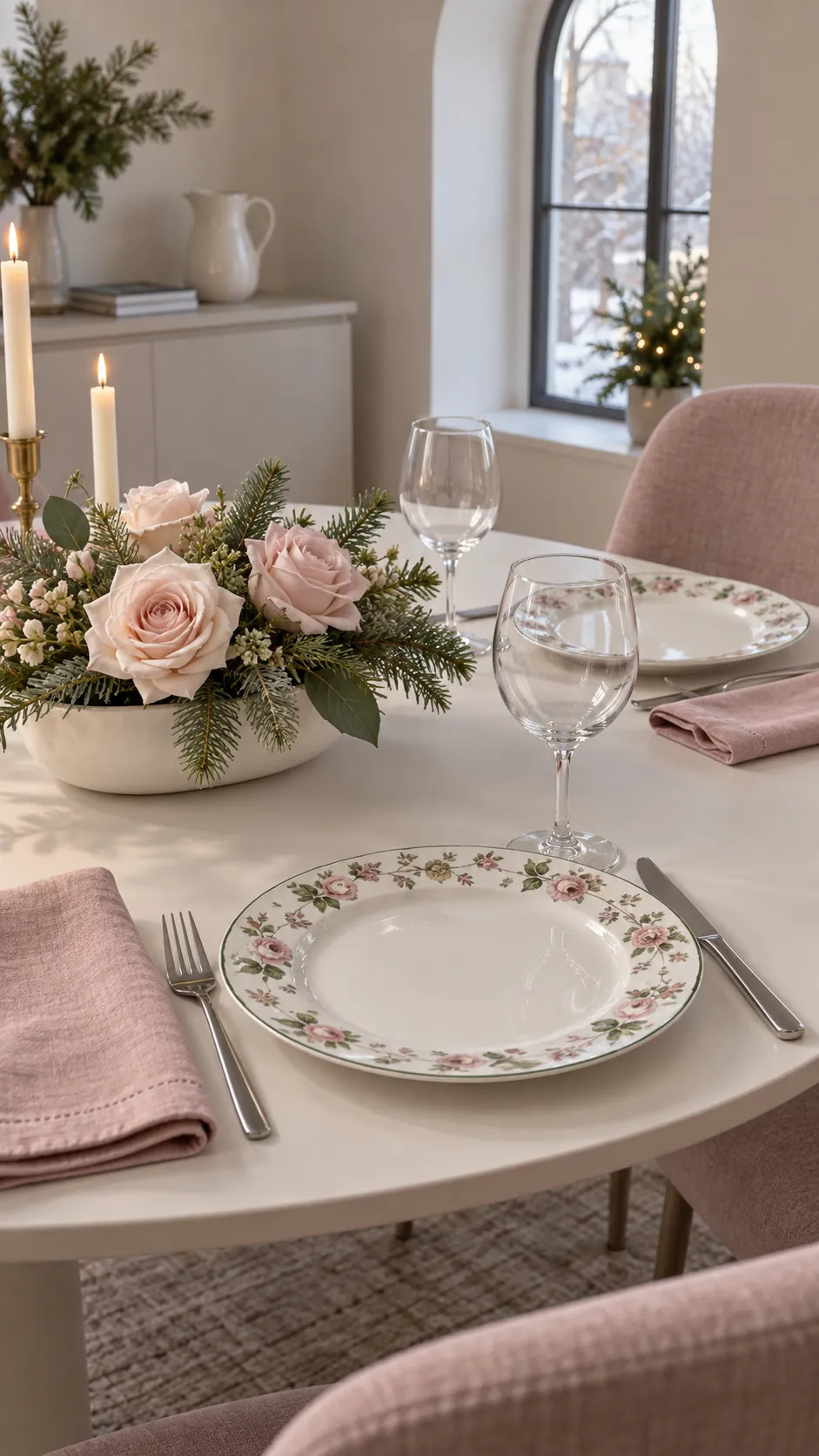 Romantic floral china with winter roses for a Christmas gathering