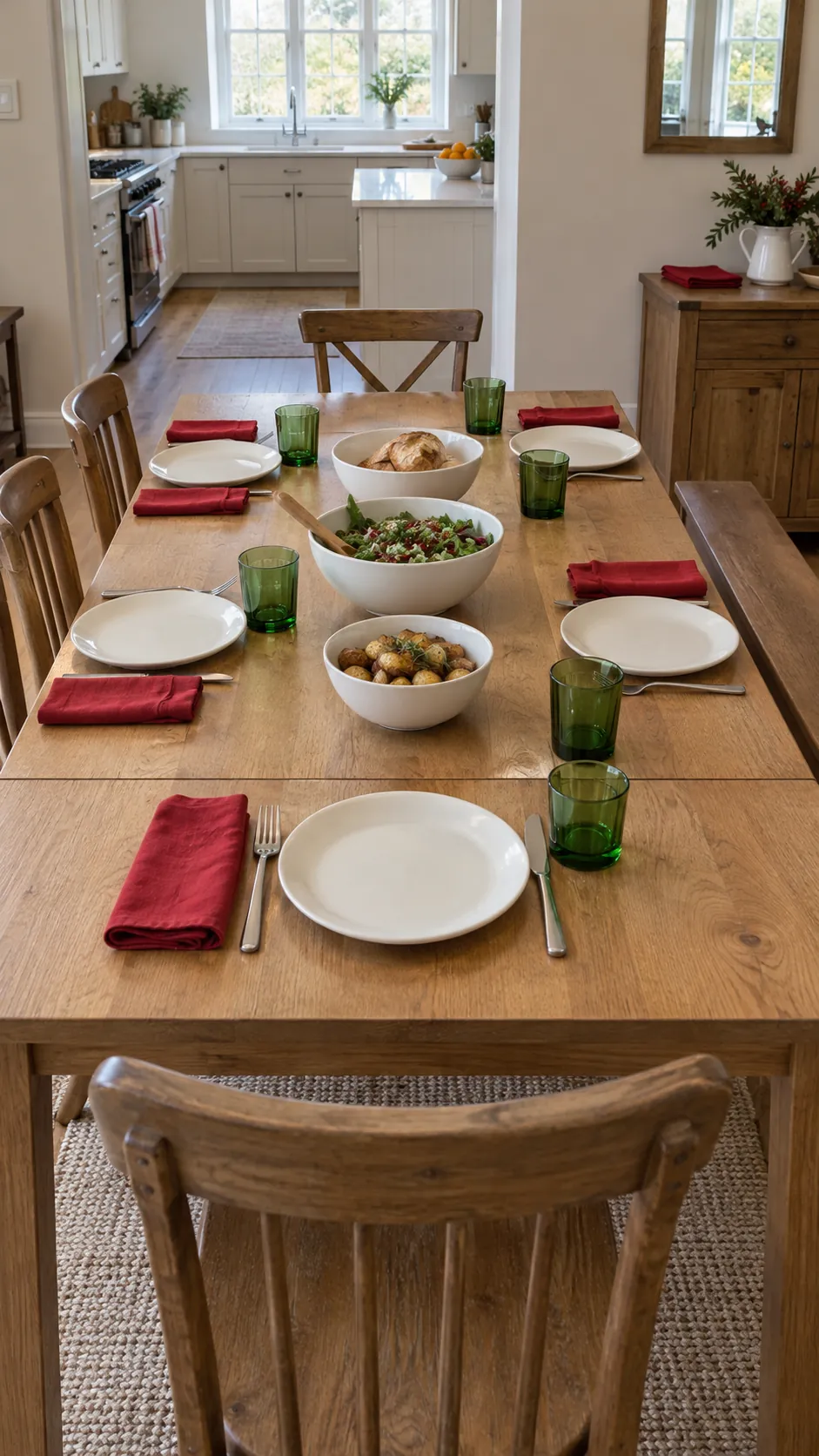 Red napkins and green glasses on bare wood for a Christmas gathering