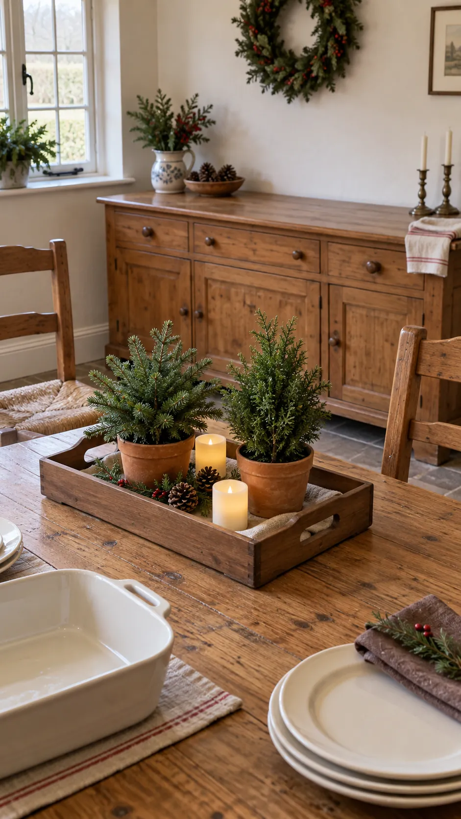 A rustic tray that lifts away in one move for a Christmas gathering