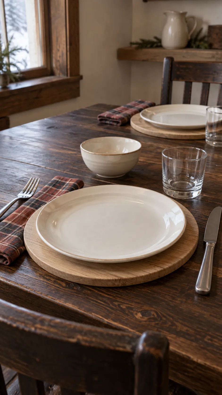 Wooden chargers for a cabin supper for a Christmas gathering