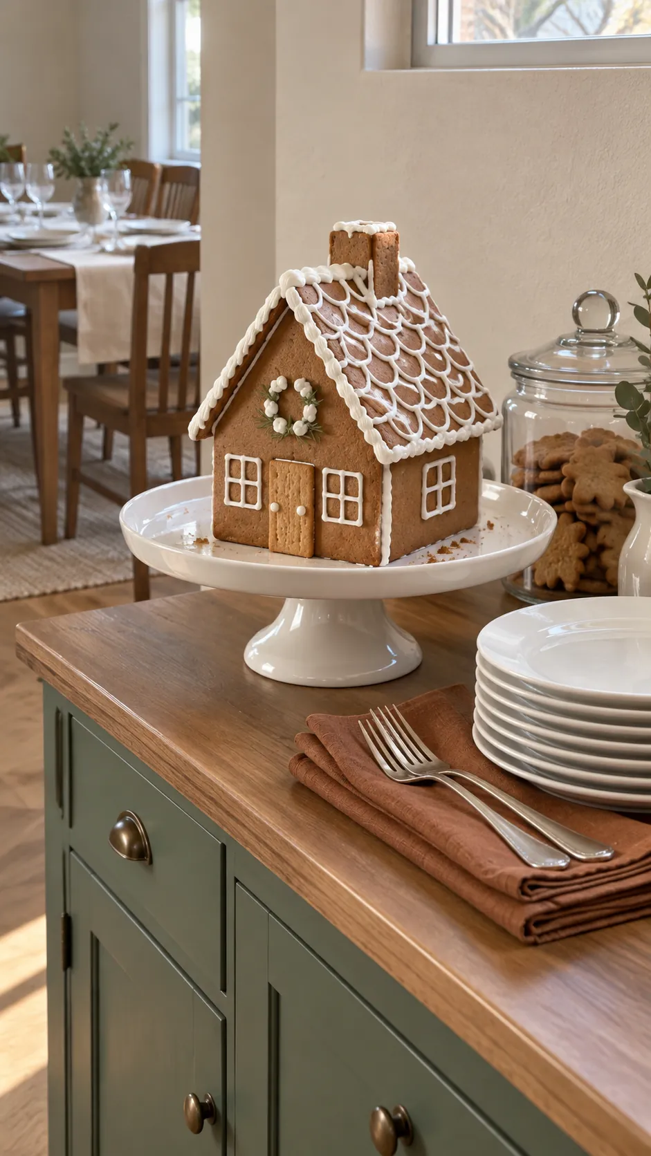A gingerbread house on the dessert table for a Christmas gathering