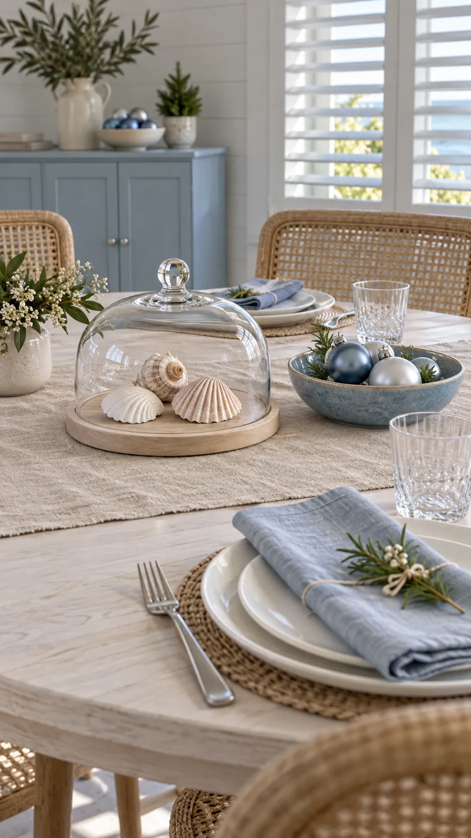 A coastal palette with shells under glass for a Christmas gathering