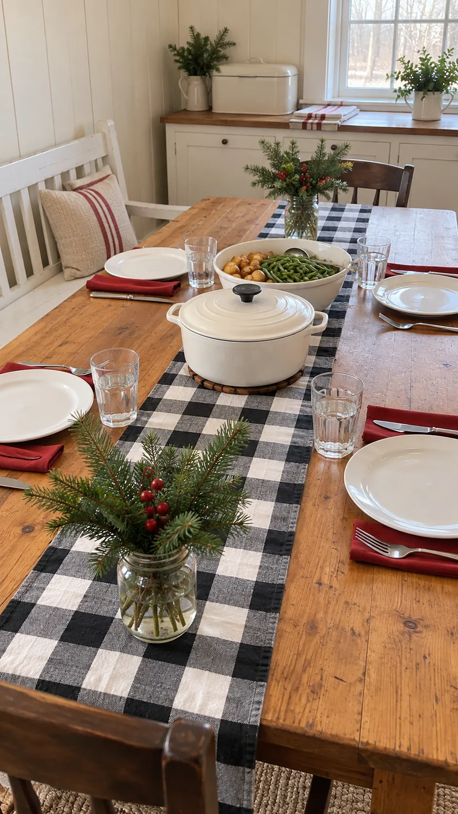 Buffalo check at an informal farmhouse table for a Christmas gathering