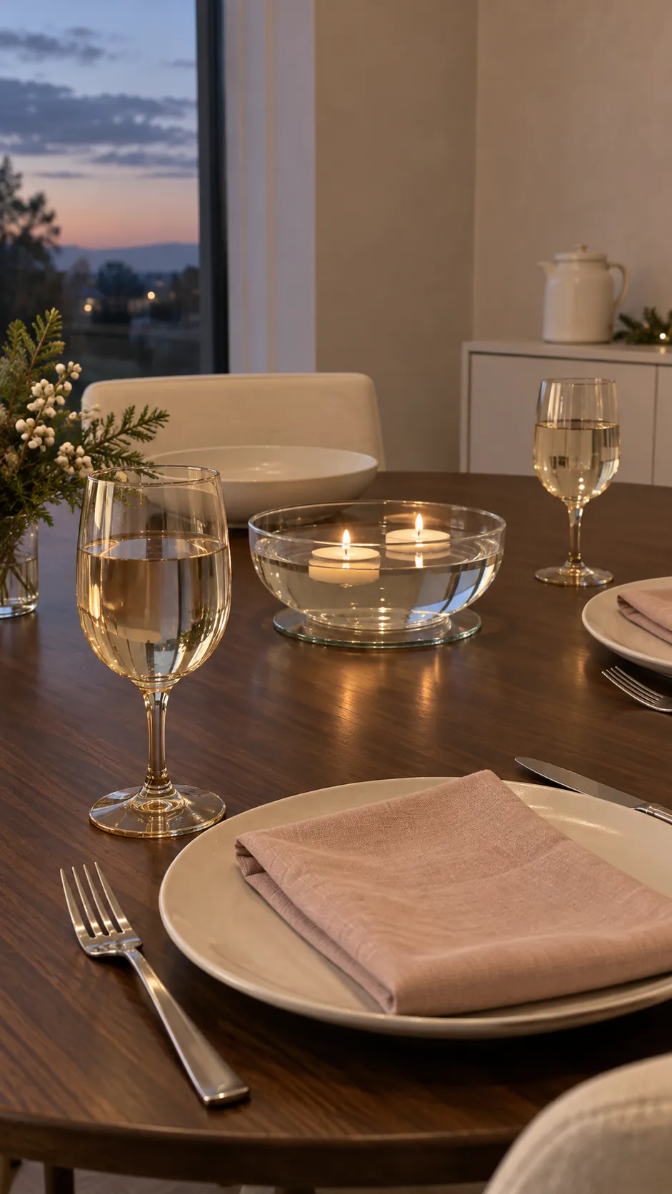 Champagne glass and blush linen for a Christmas gathering