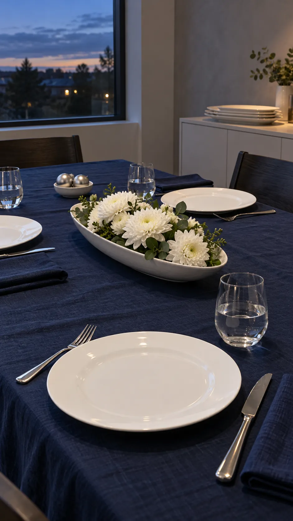Navy linen with crisp silver details for a Christmas gathering