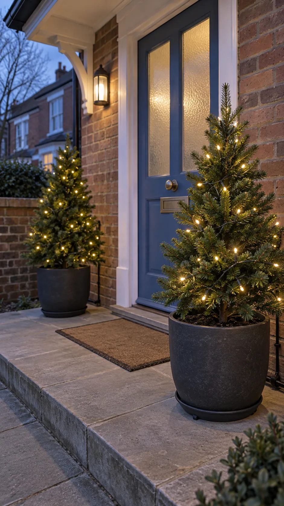 Potted trees with outdoor light strings as a DIY outdoor Christmas decoration