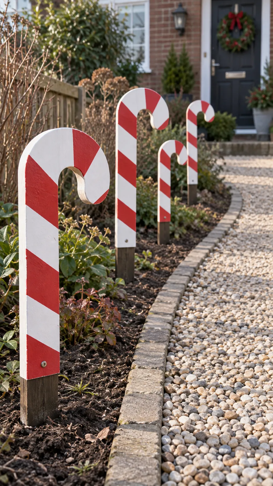 Painted candy cane stakes beside the path as a DIY outdoor Christmas decoration