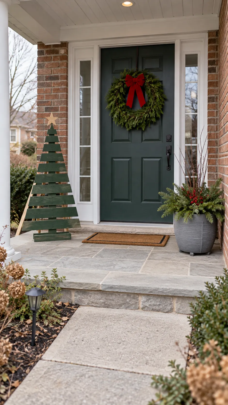 Handmade outdoor Christmas wreath, timber tree and winter planter on a clear porch