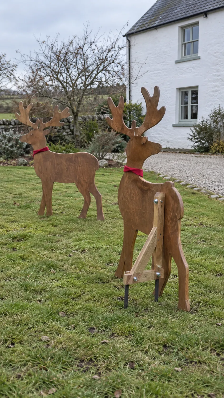Wooden reindeer silhouettes with removable supports as a DIY outdoor Christmas decoration