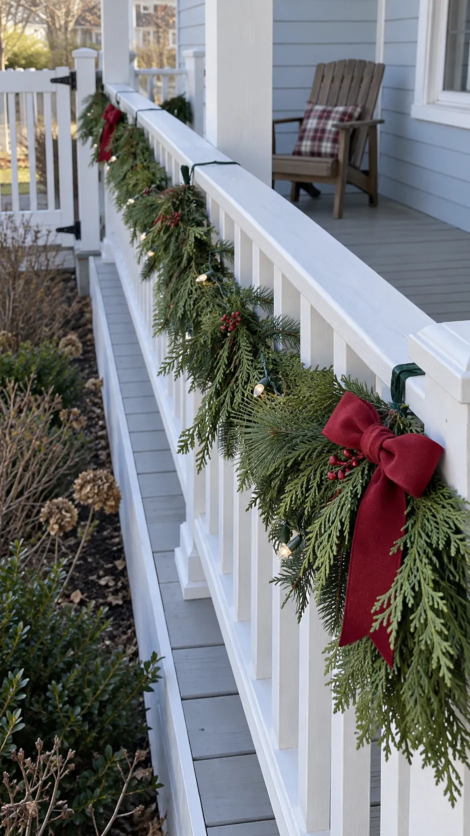 Garland along the outside of a railing as a DIY outdoor Christmas decoration