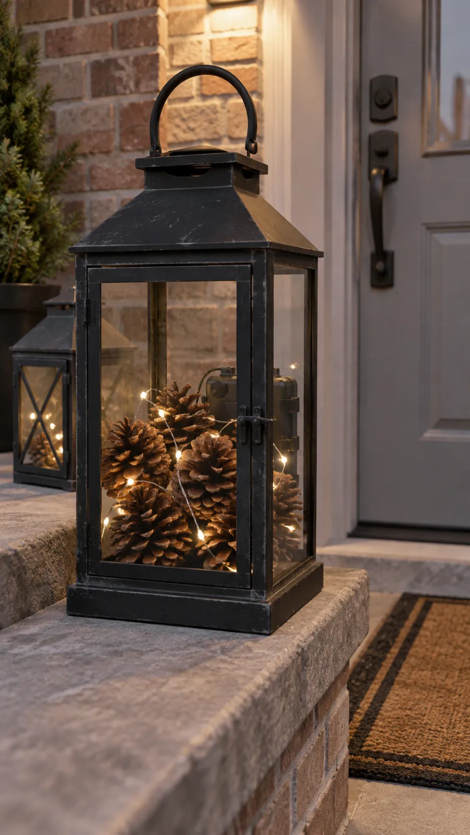 Pinecone lanterns under a covered porch as a DIY outdoor Christmas decoration