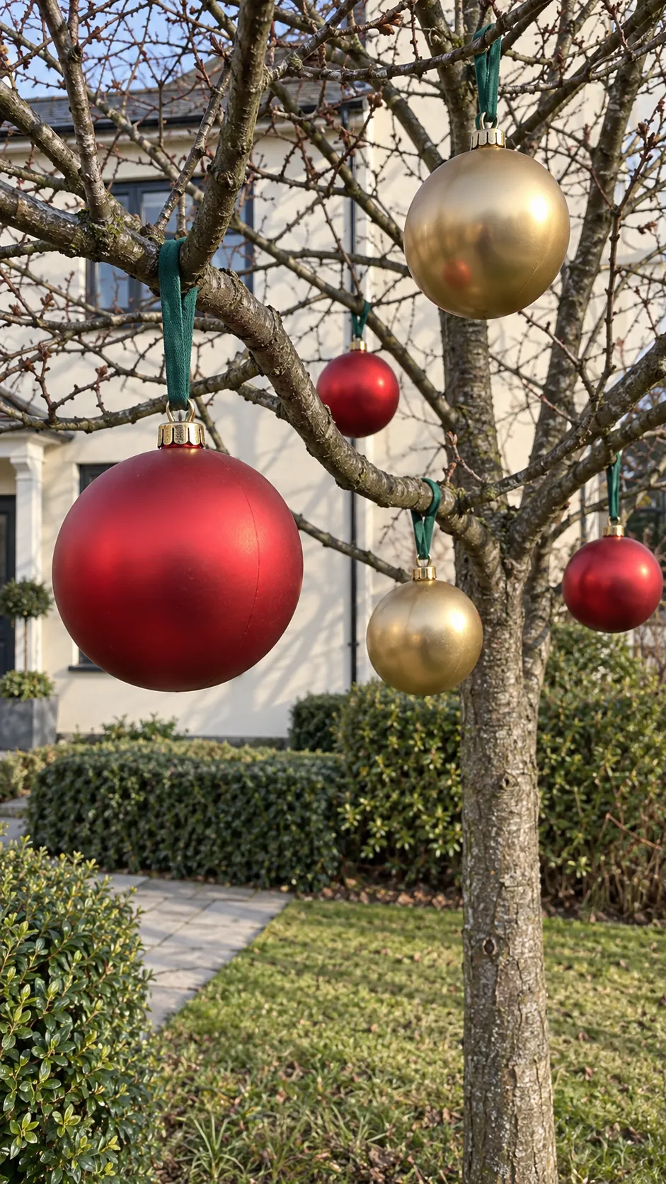 Lightweight giant ornaments in a garden tree as a DIY outdoor Christmas decoration