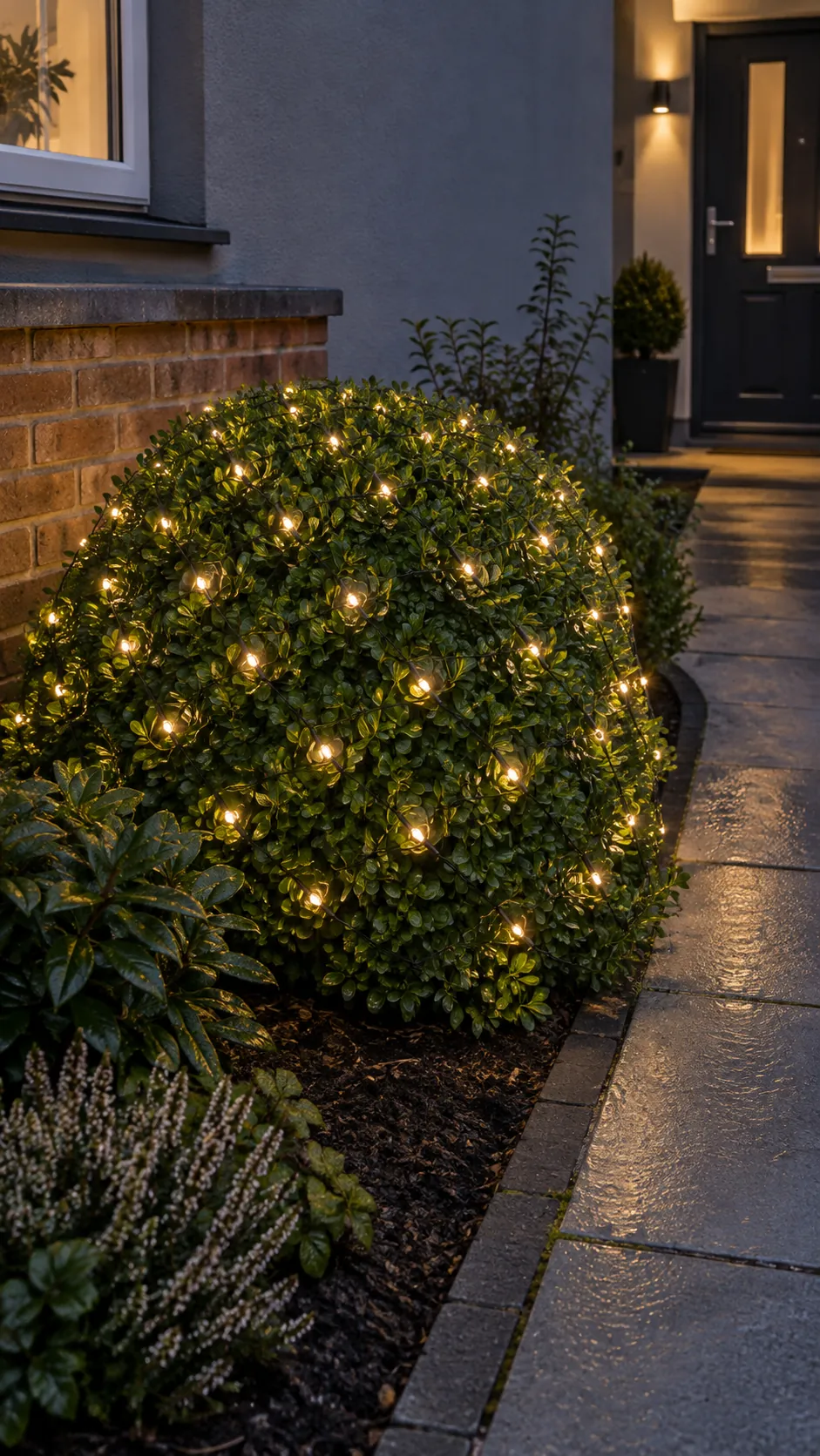 Net lights fitted to one shrub as a DIY outdoor Christmas decoration