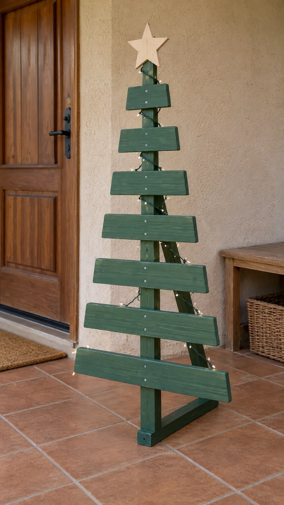A freestanding slat Christmas tree as a DIY outdoor Christmas decoration