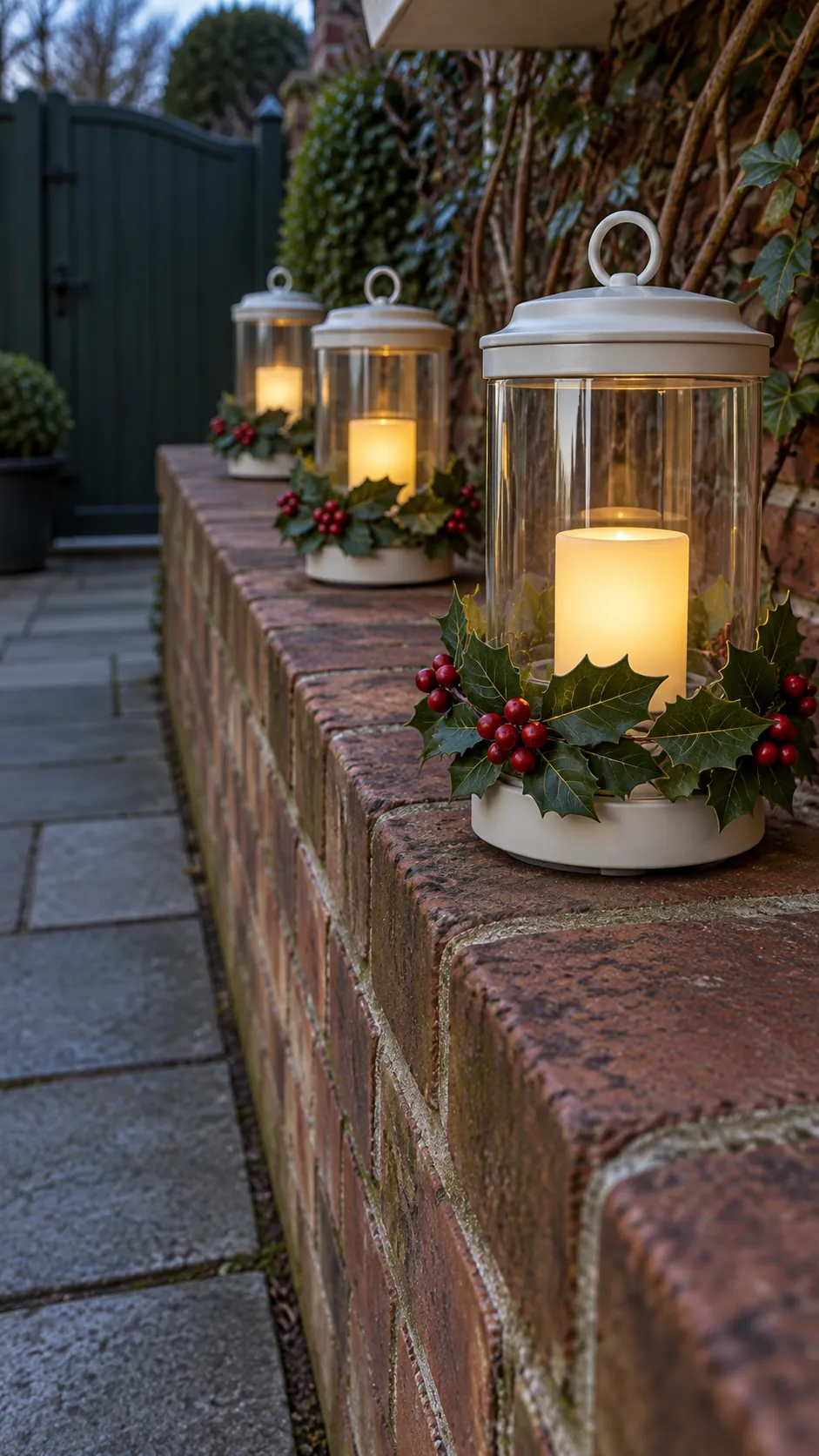 Faux berry lanterns on a garden ledge as a DIY outdoor Christmas decoration
