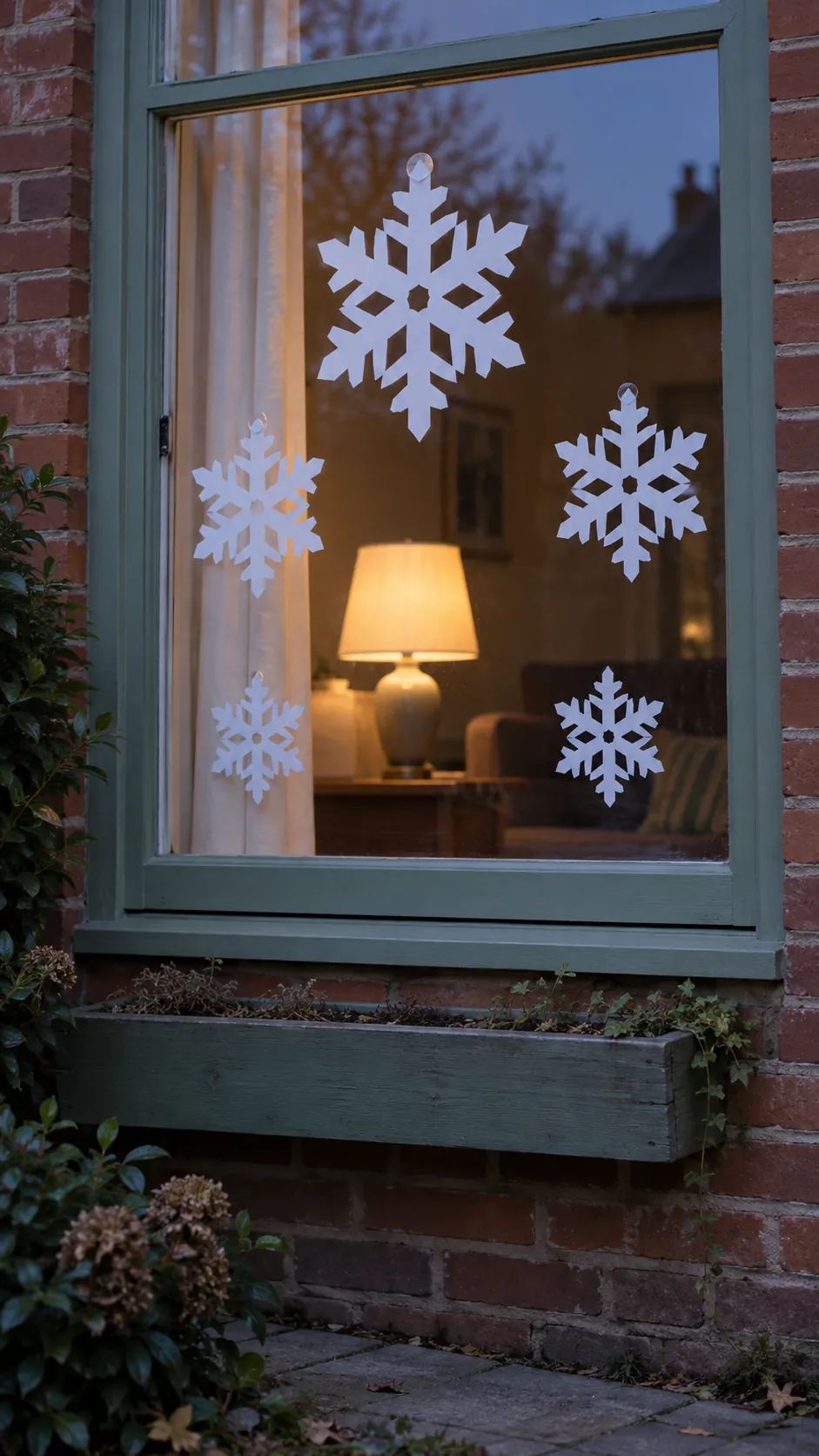 Reusable snowflakes inside the front window as a DIY outdoor Christmas decoration