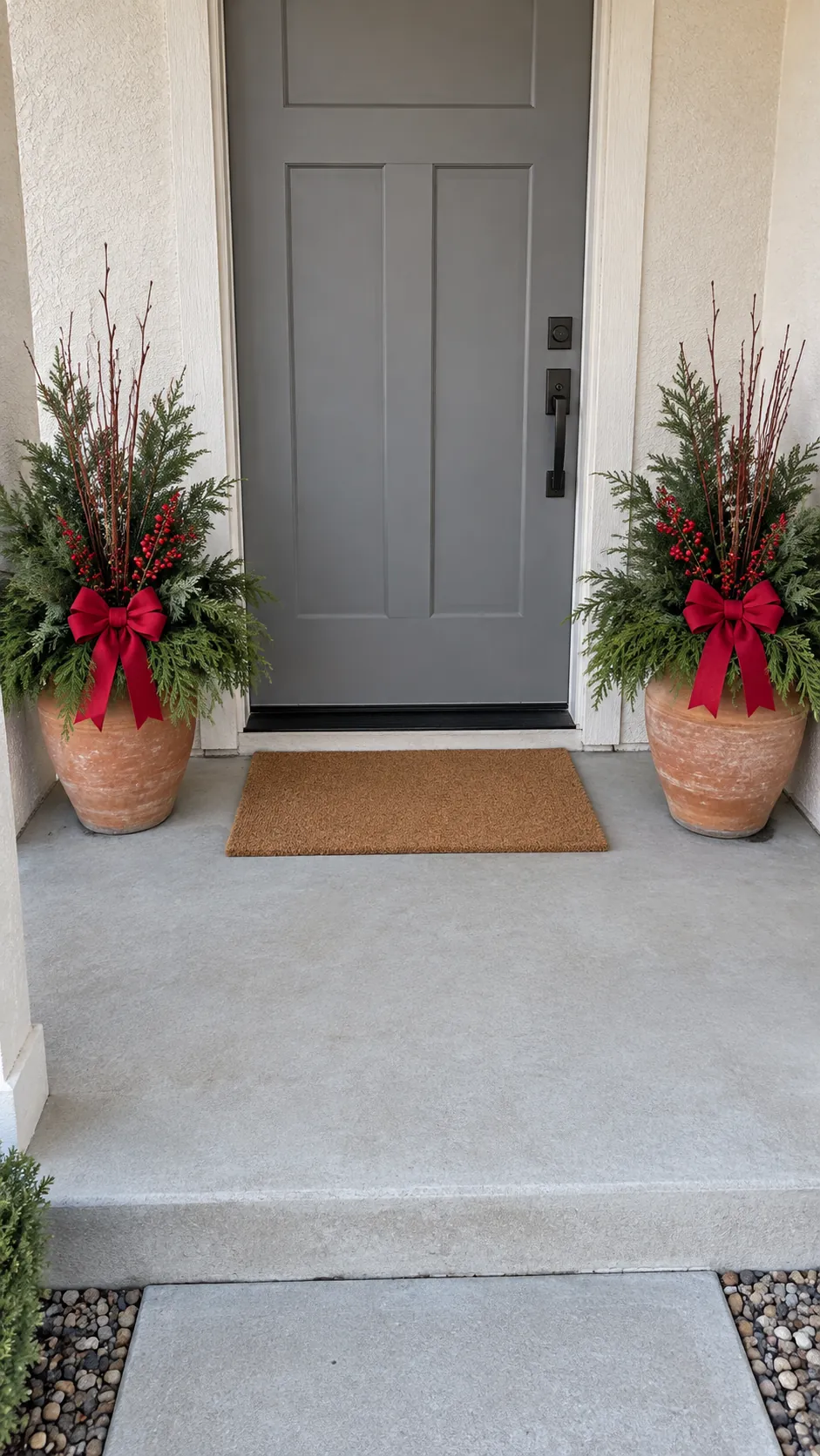 A clear doorstep with decorated planters as a DIY outdoor Christmas decoration