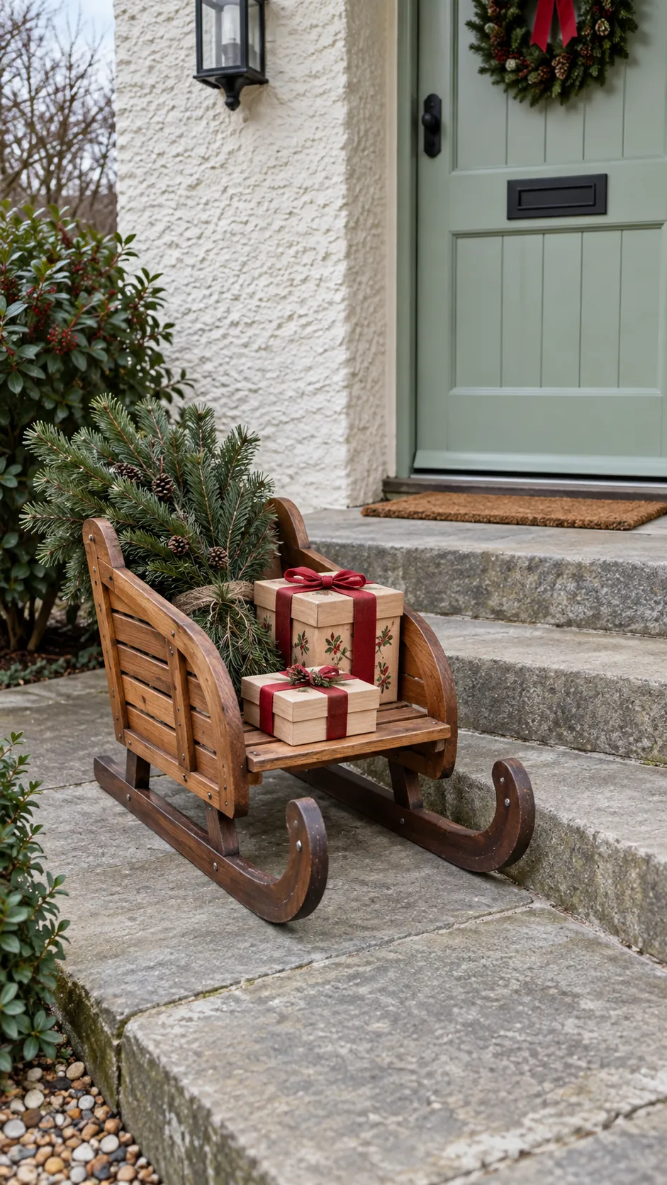 A small wooden sleigh beside the steps as a DIY outdoor Christmas decoration