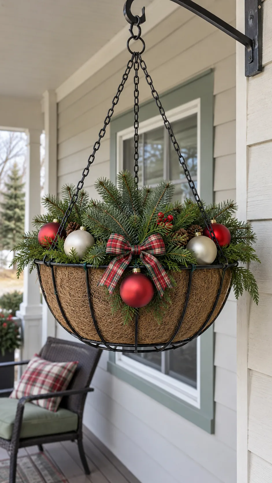 Hanging baskets with secured ornaments as a DIY outdoor Christmas decoration