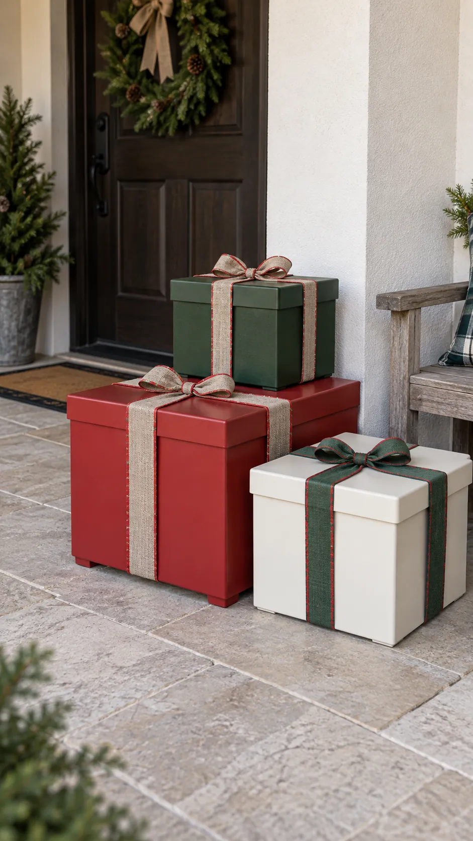 Reusable outdoor gift boxes as a DIY outdoor Christmas decoration