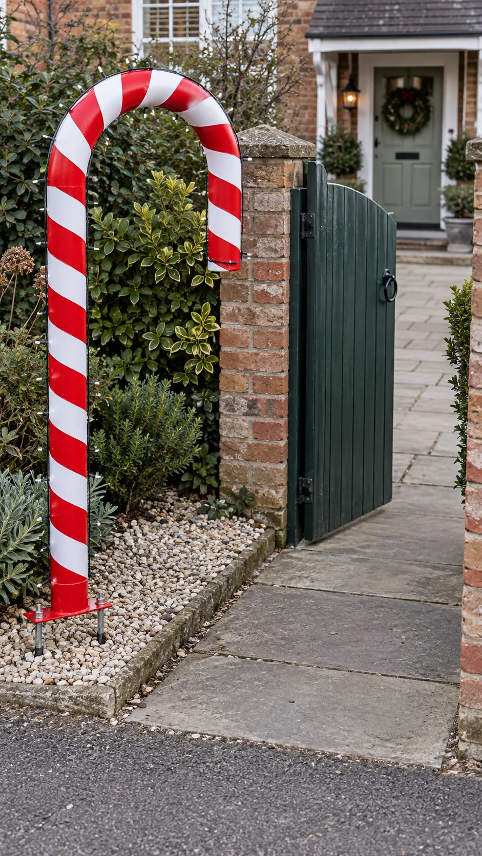 A candy cane frame beside the gate as a DIY outdoor Christmas decoration