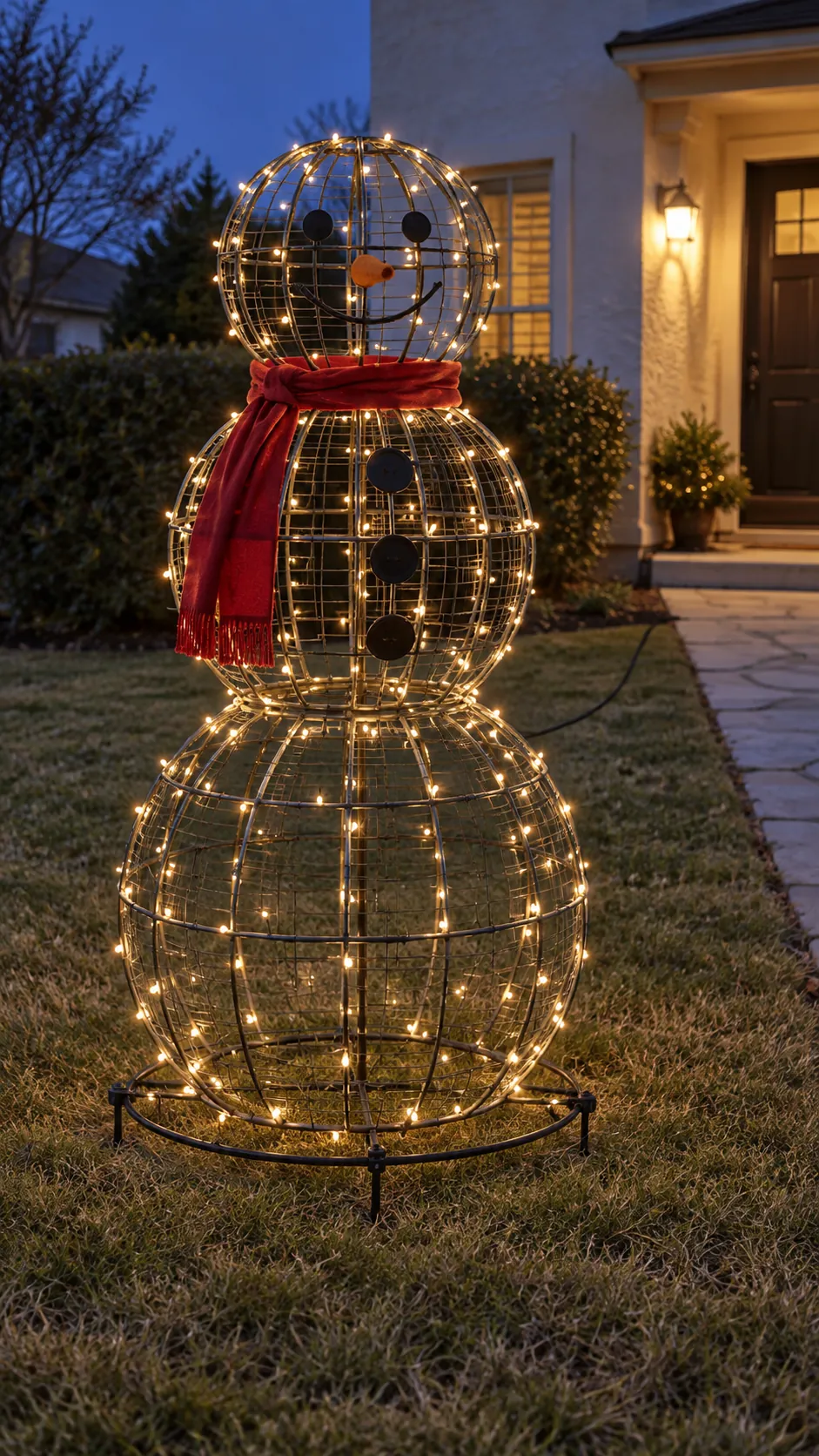 A wire snowman with a stable base as a DIY outdoor Christmas decoration