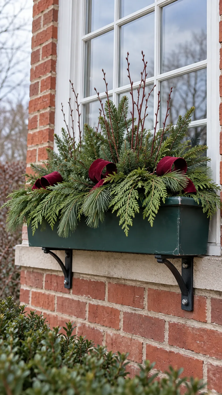 Evergreen cuttings in window boxes as a DIY outdoor Christmas decoration