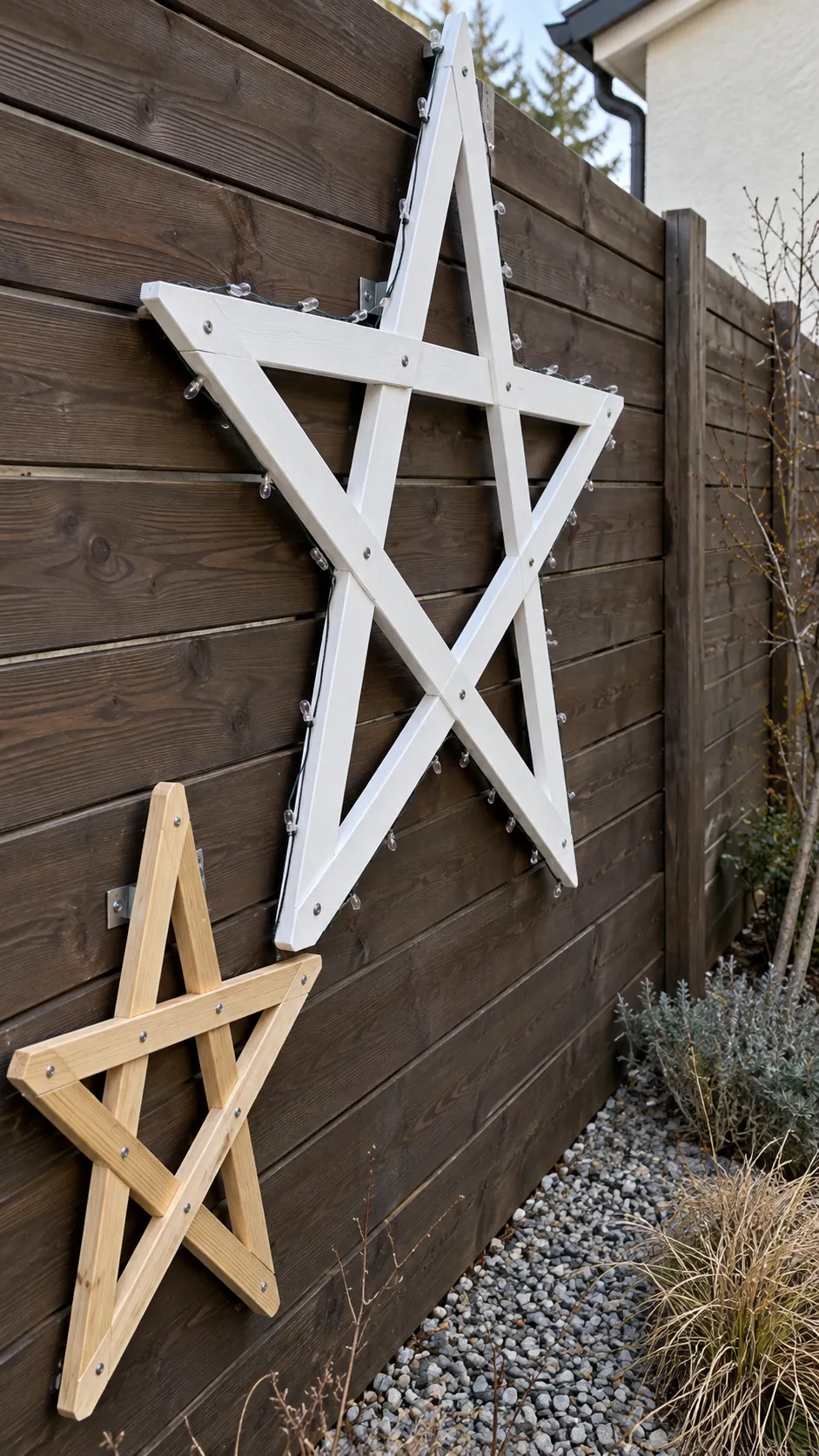 Wooden stars on a garden fence as a DIY outdoor Christmas decoration