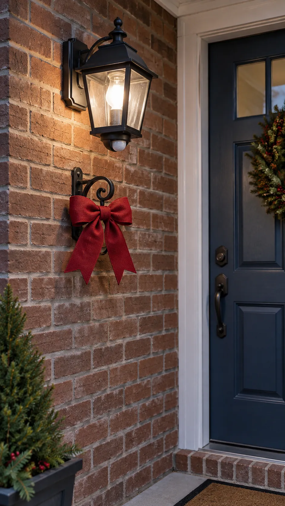 A bow on the bracket below a porch light as a DIY outdoor Christmas decoration