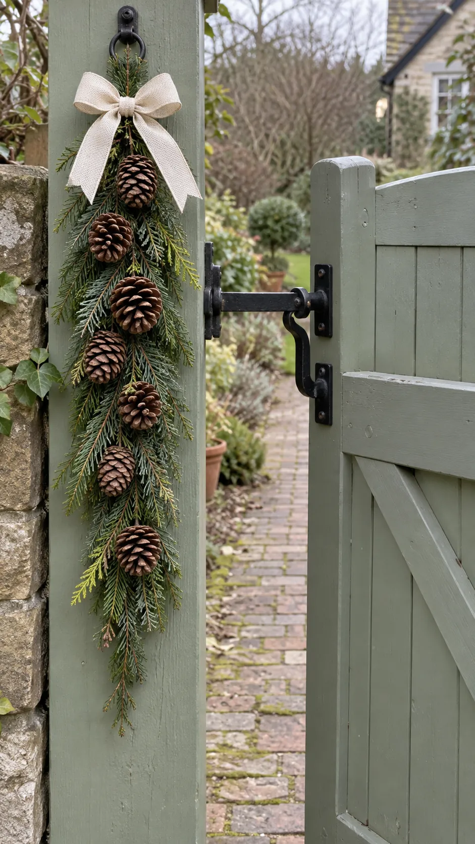 A pinecone swag for a garden gate as a DIY outdoor Christmas decoration