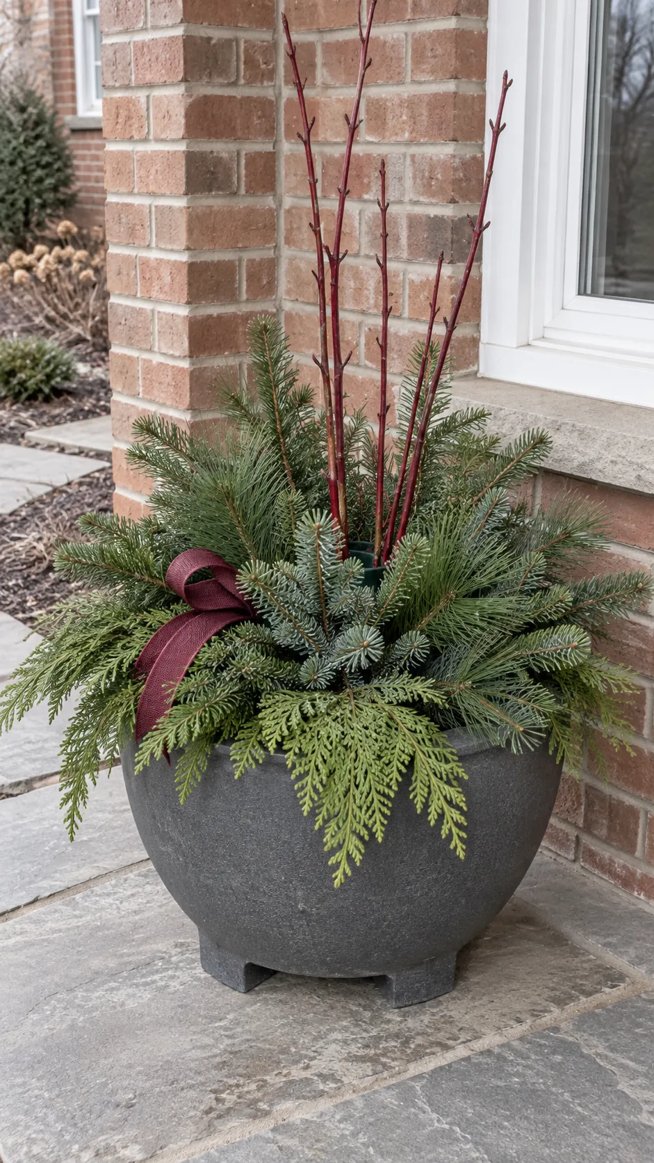A winter planter using existing pots as a DIY outdoor Christmas decoration