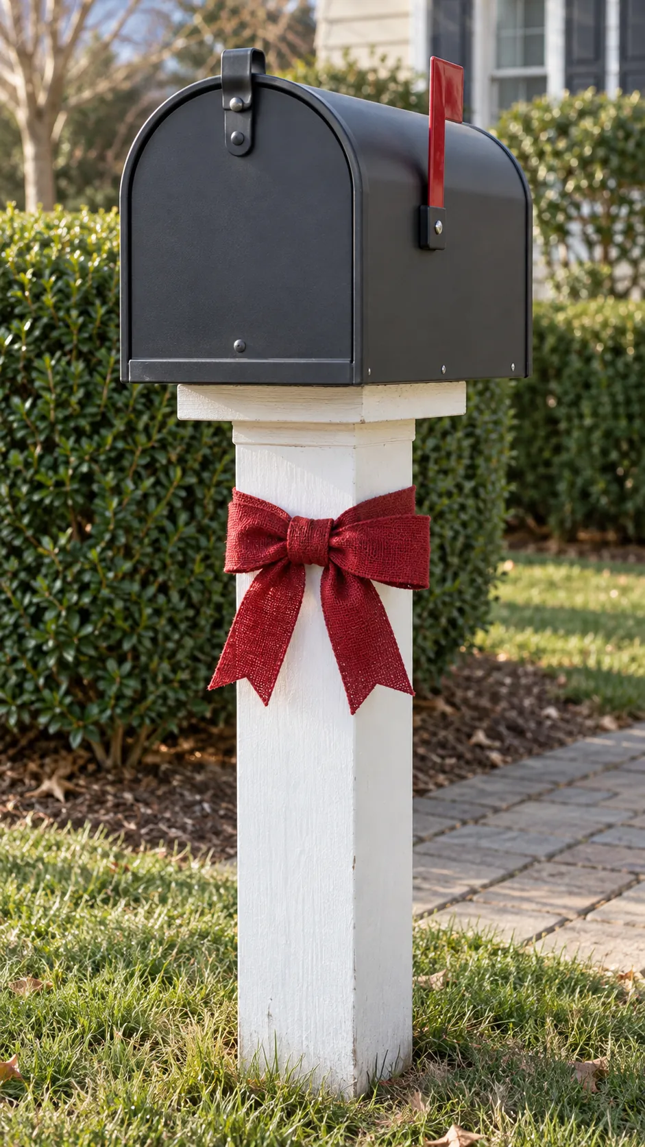 A ribbon wrapped mailbox post as a DIY outdoor Christmas decoration