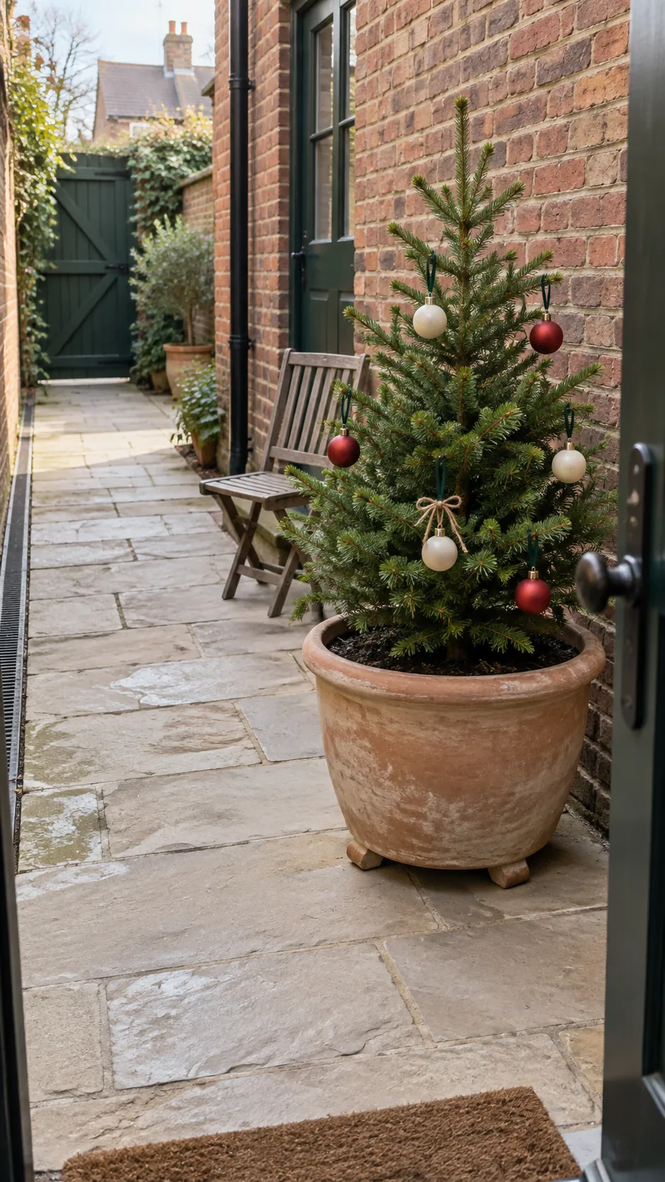 A small decorated tree in a courtyard pot as a DIY outdoor Christmas decoration