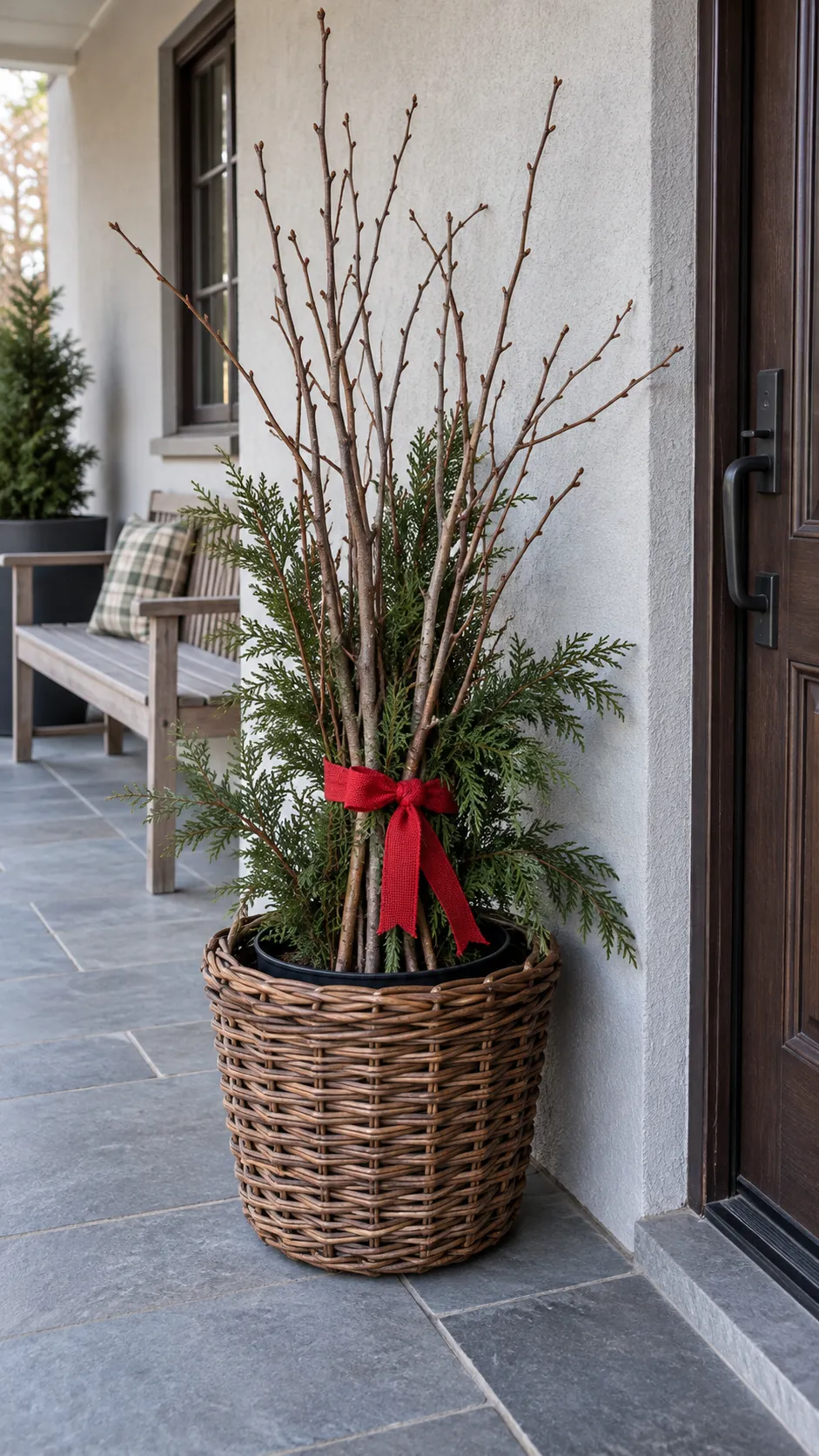 A bundle of branches in a porch basket as a DIY outdoor Christmas decoration