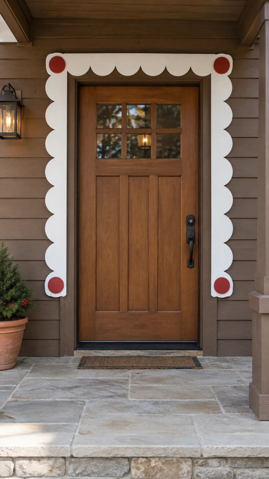 A gingerbread style doorway trim as a DIY outdoor Christmas decoration