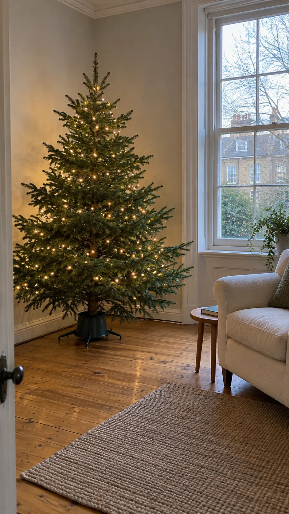 A natural tree with lights alone for minimalist Christmas decor