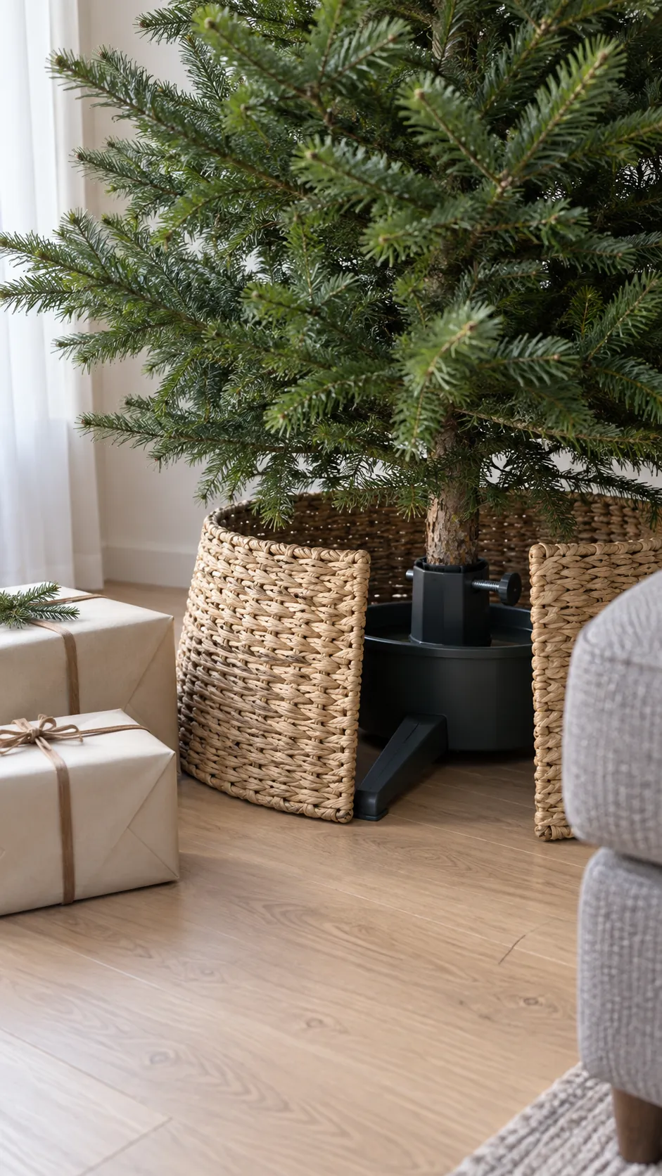 A basket that conceals a proper tree stand for minimalist Christmas decor