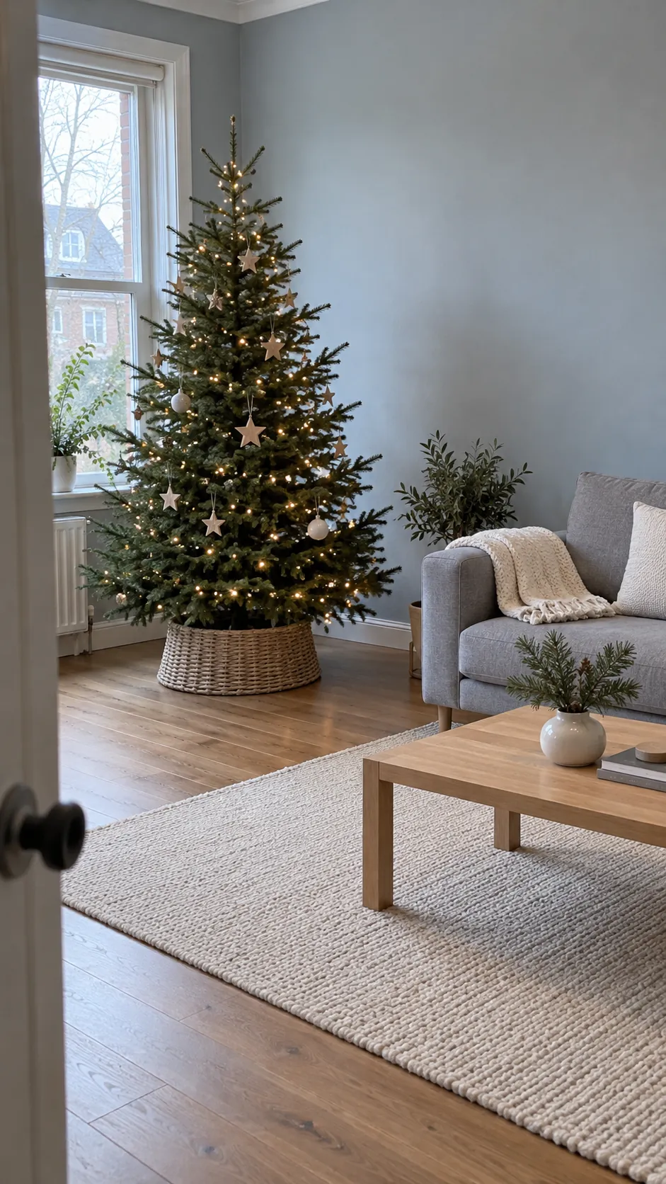 Minimalist Christmas living room with a simple tree, neutral textiles and clear floor space