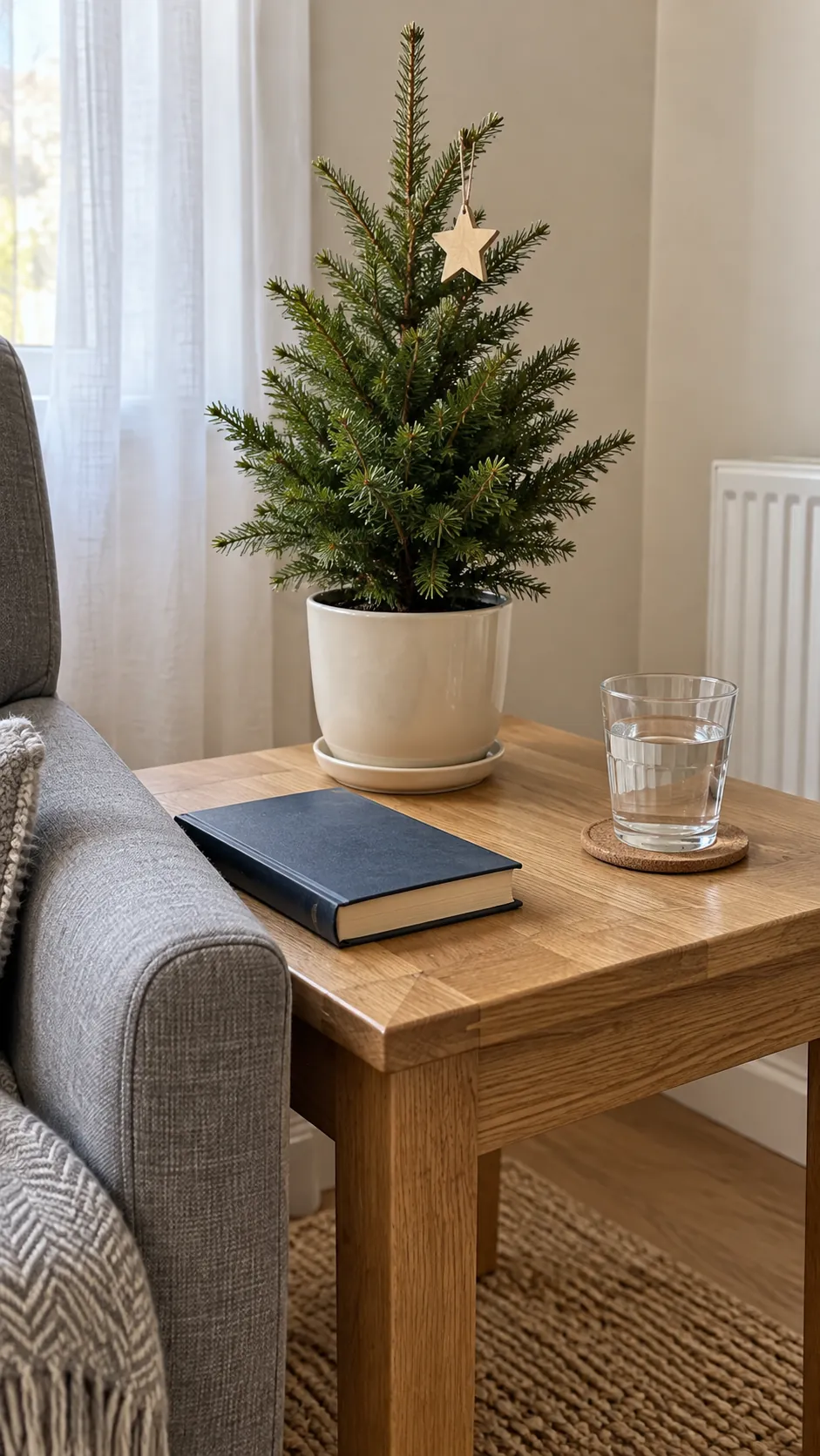 A tabletop tree on a stable side table for minimalist Christmas decor