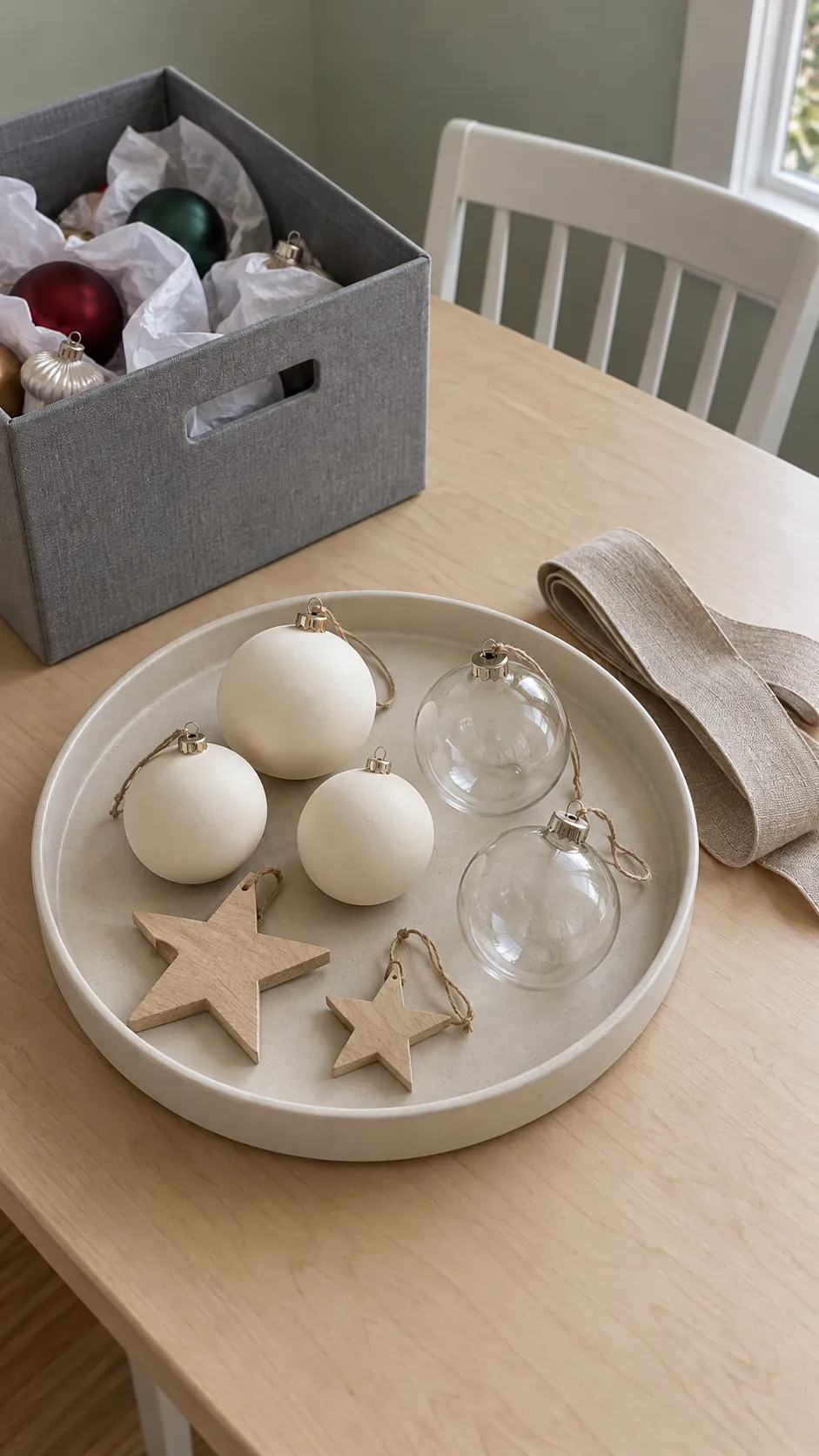 An edited palette of ornaments you already own for minimalist Christmas decor
