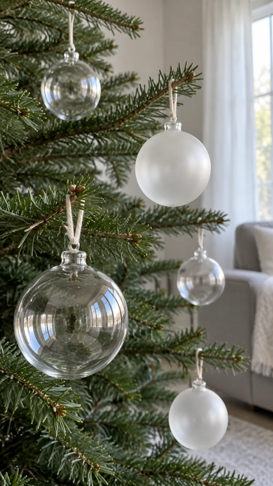 Clear ornaments used sparingly for minimalist Christmas decor
