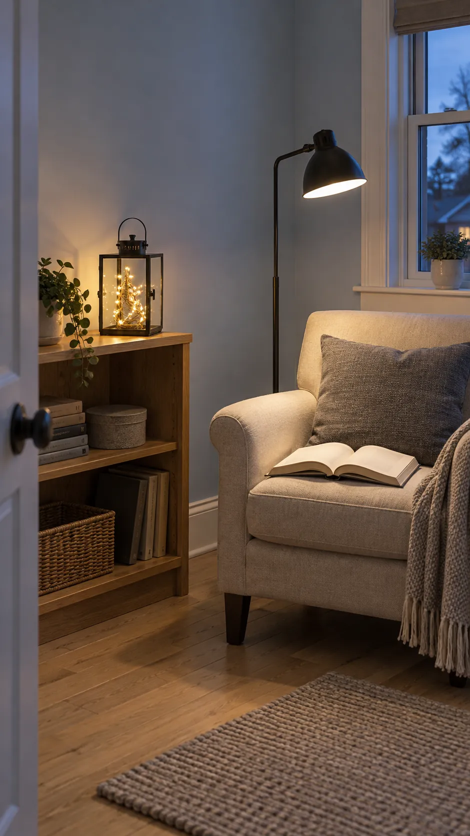 A small pool of light in a reading corner for minimalist Christmas decor
