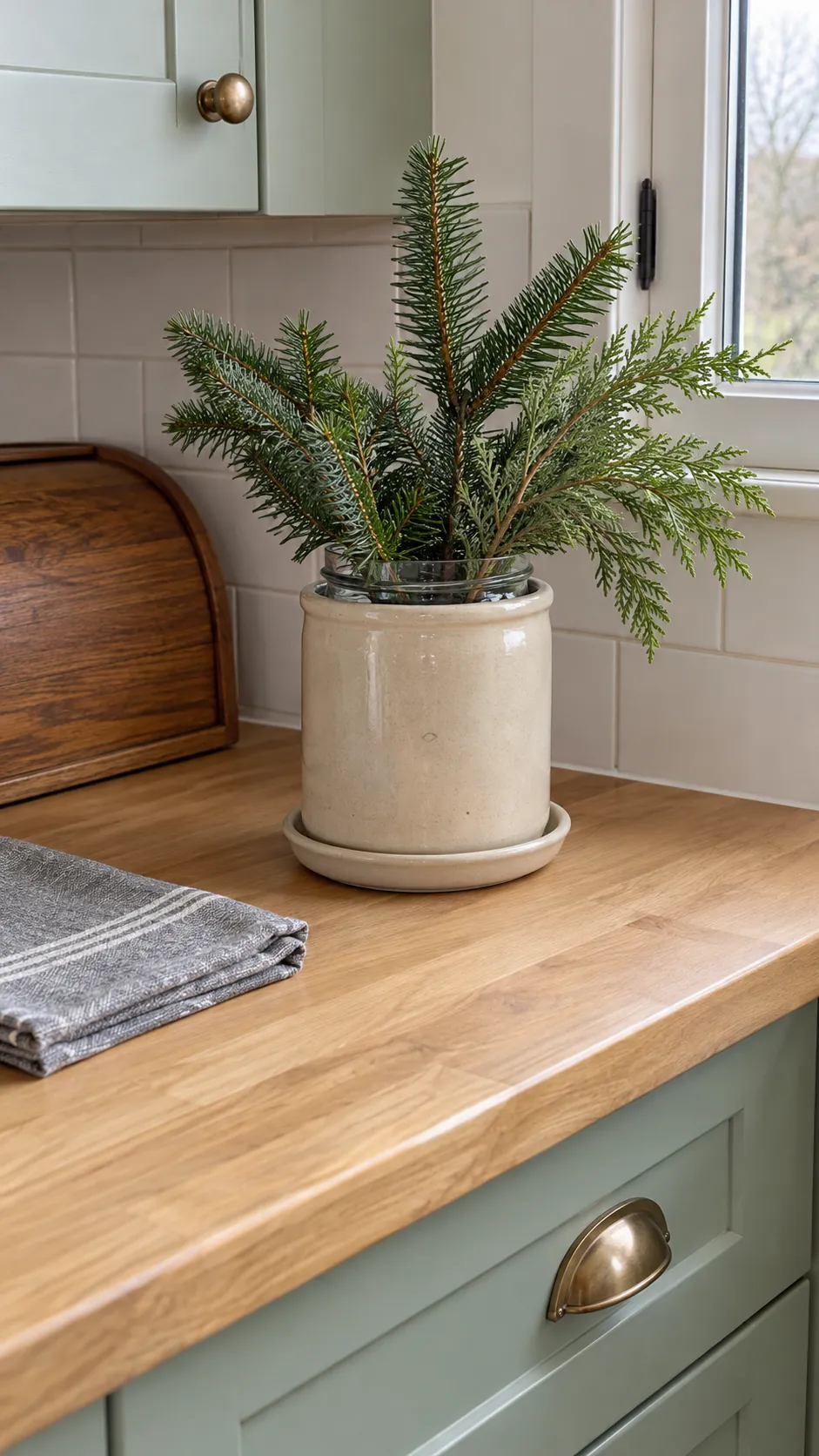 An everyday crock with clipped greenery for minimalist Christmas decor
