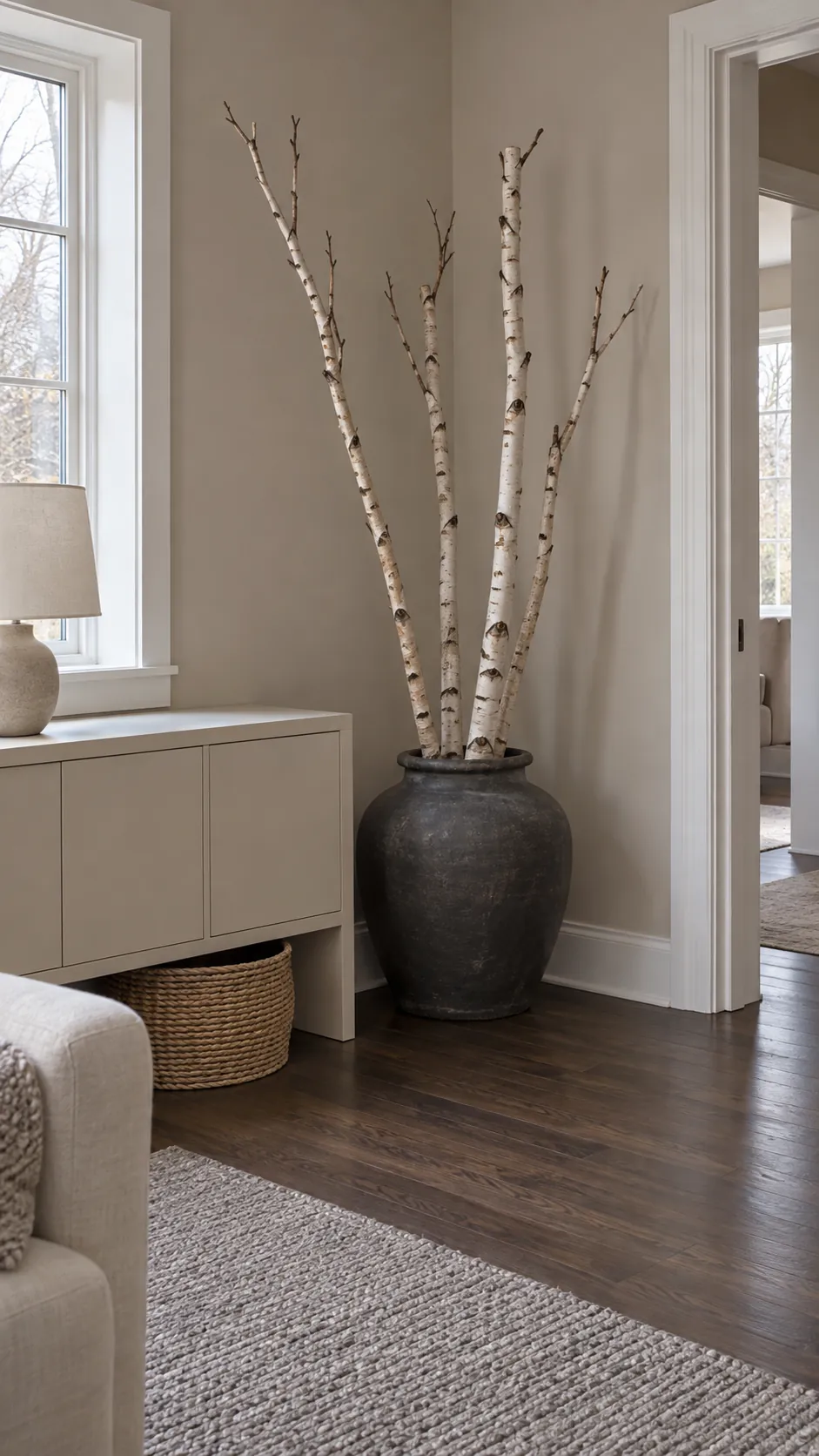 Birch branches in a heavy floor vessel for minimalist Christmas decor