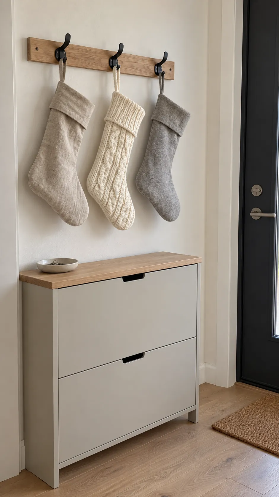 Neutral stockings on a separate hook rail for minimalist Christmas decor